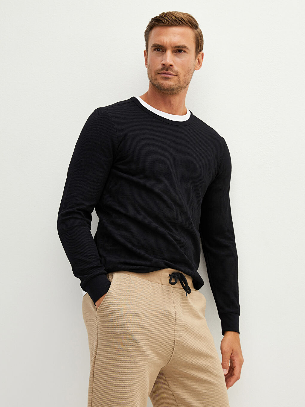 تيشيرت كم طويل ياقة دائرية عادي للرجال-3