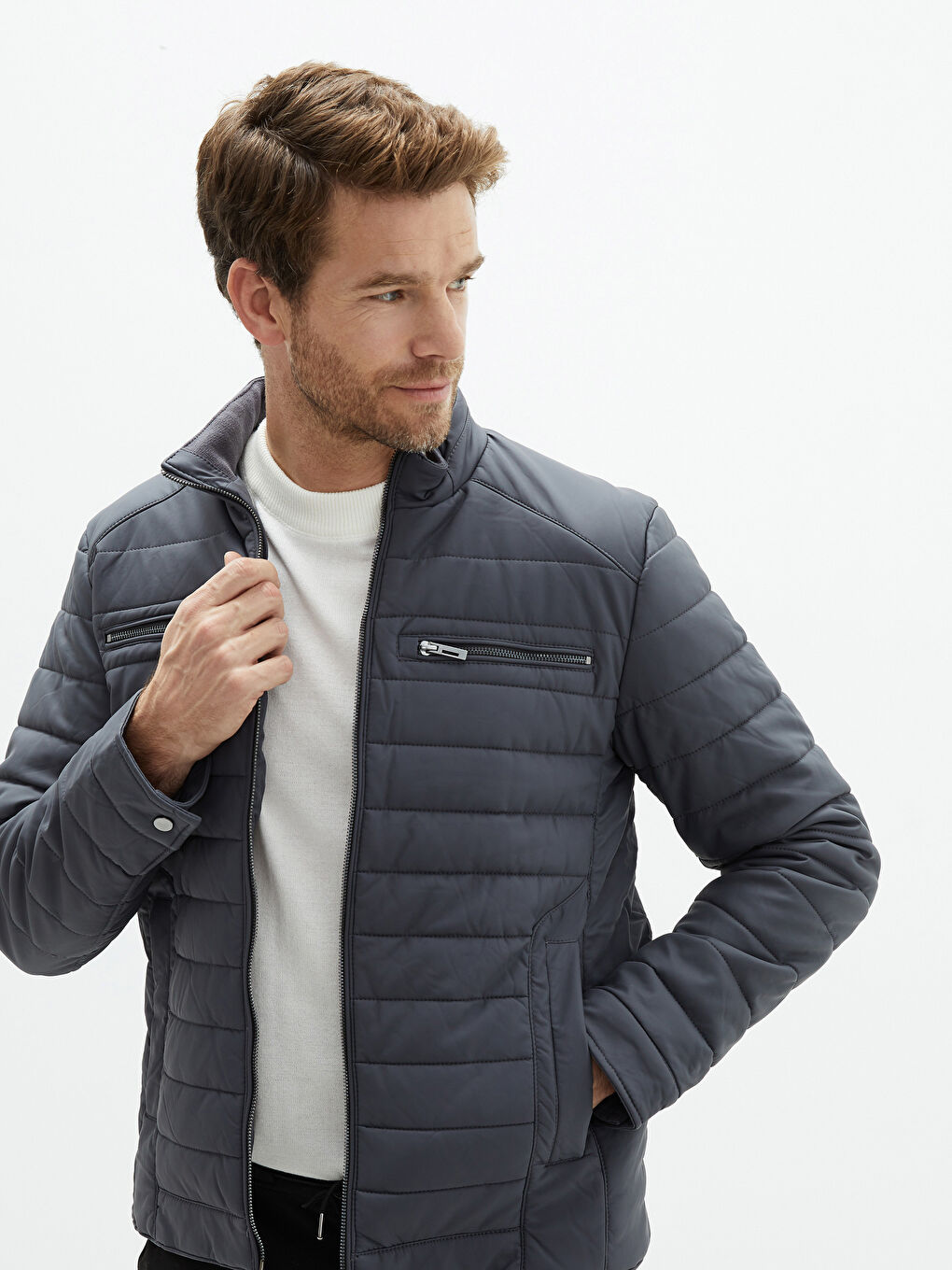 Antrasit Standart Kalıp Dik Yaka Erkek Deri Görünümlü Mont