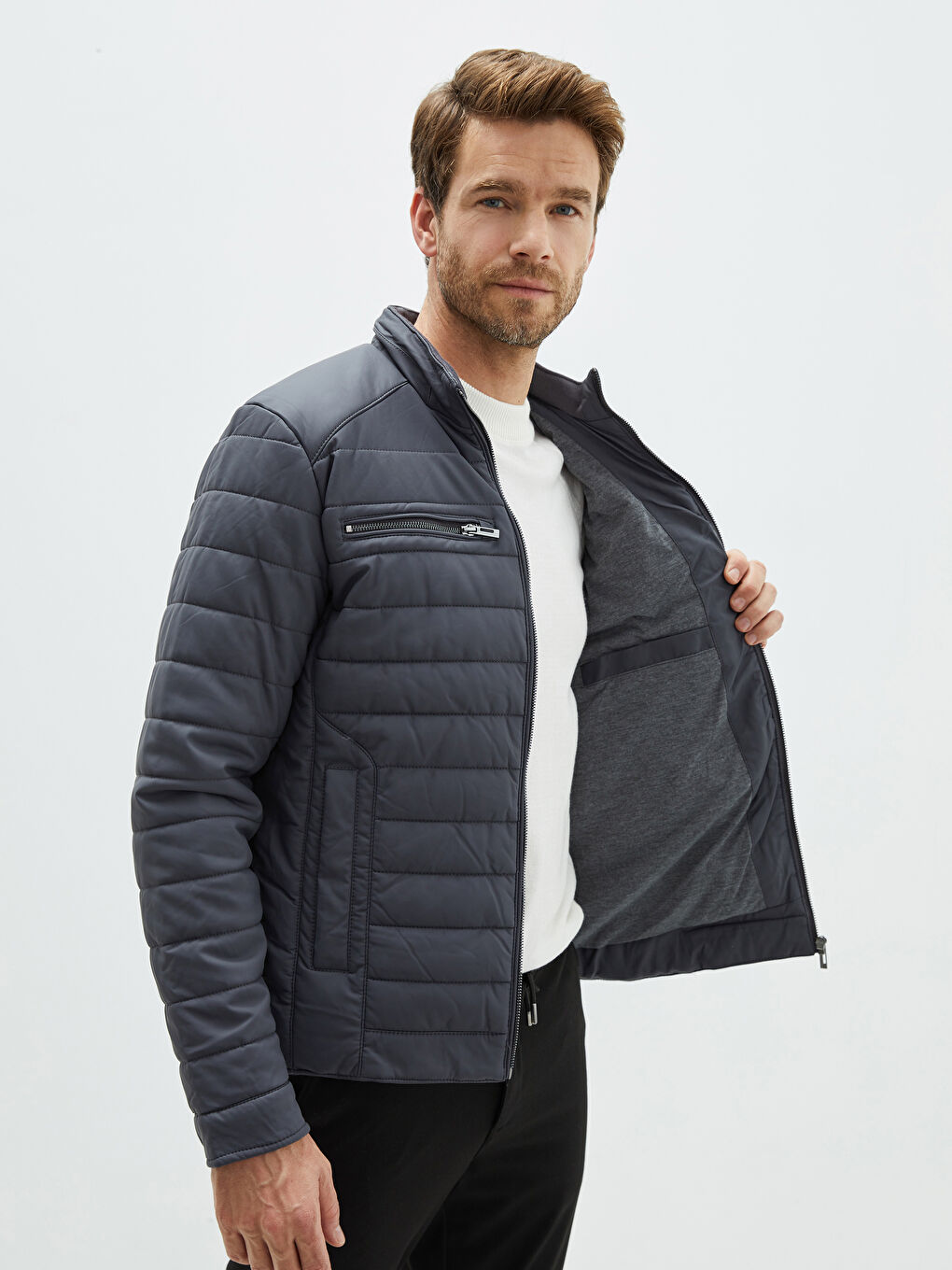 Antrasit Standart Kalıp Dik Yaka Erkek Deri Görünümlü Mont-1