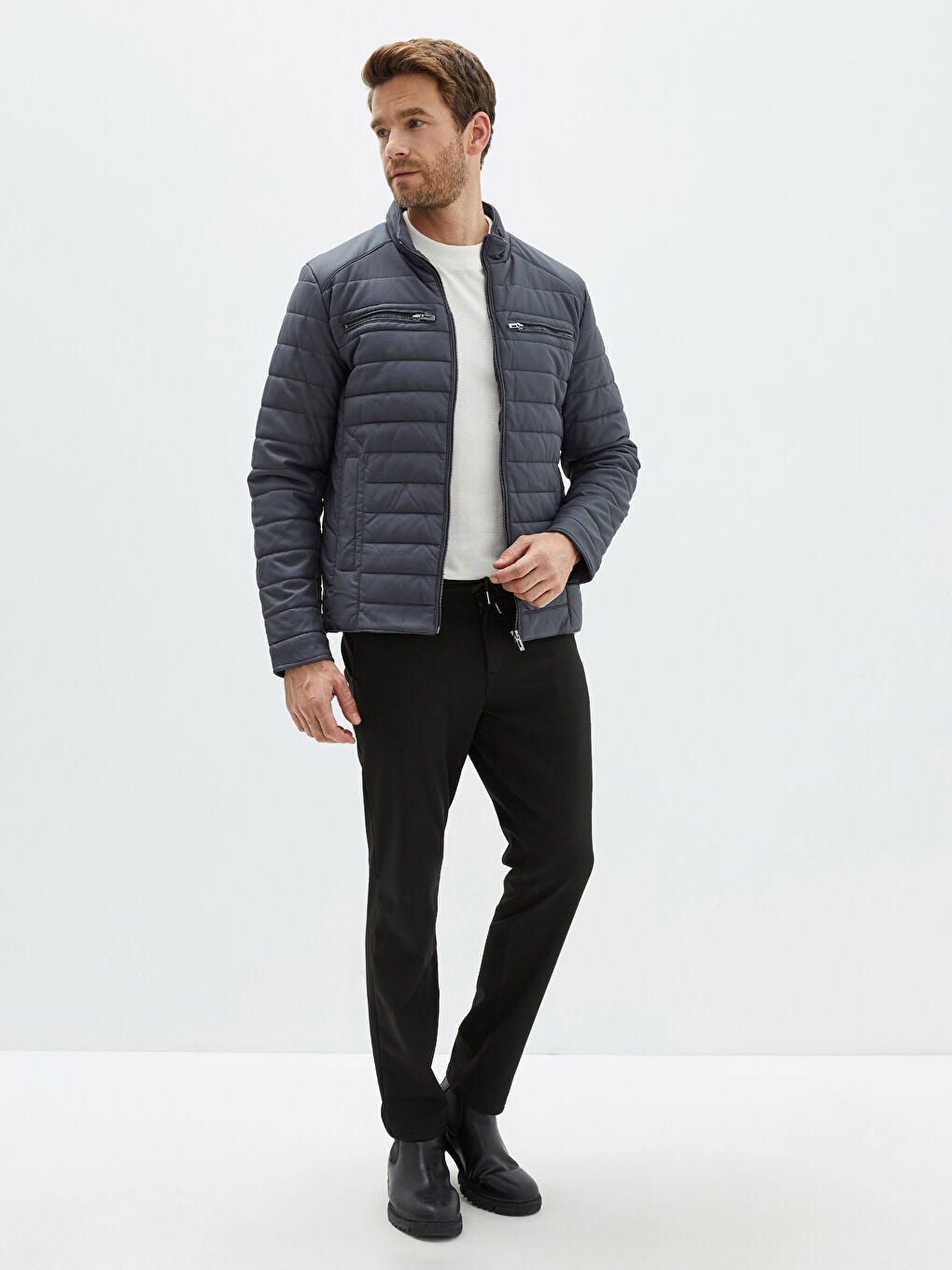 Antrasit Standart Kalıp Dik Yaka Erkek Deri Görünümlü Mont-2