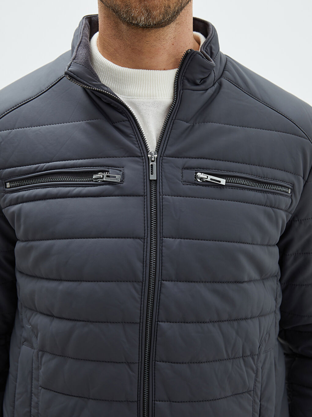 Antrasit Standart Kalıp Dik Yaka Erkek Deri Görünümlü Mont-3