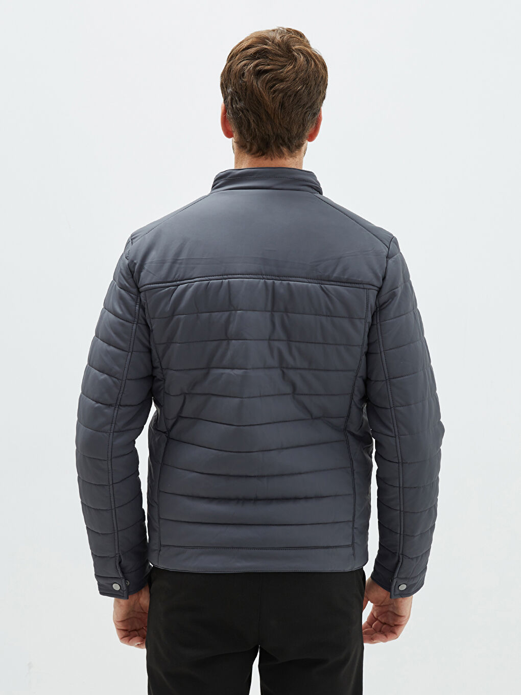 Antrasit Standart Kalıp Dik Yaka Erkek Deri Görünümlü Mont-4