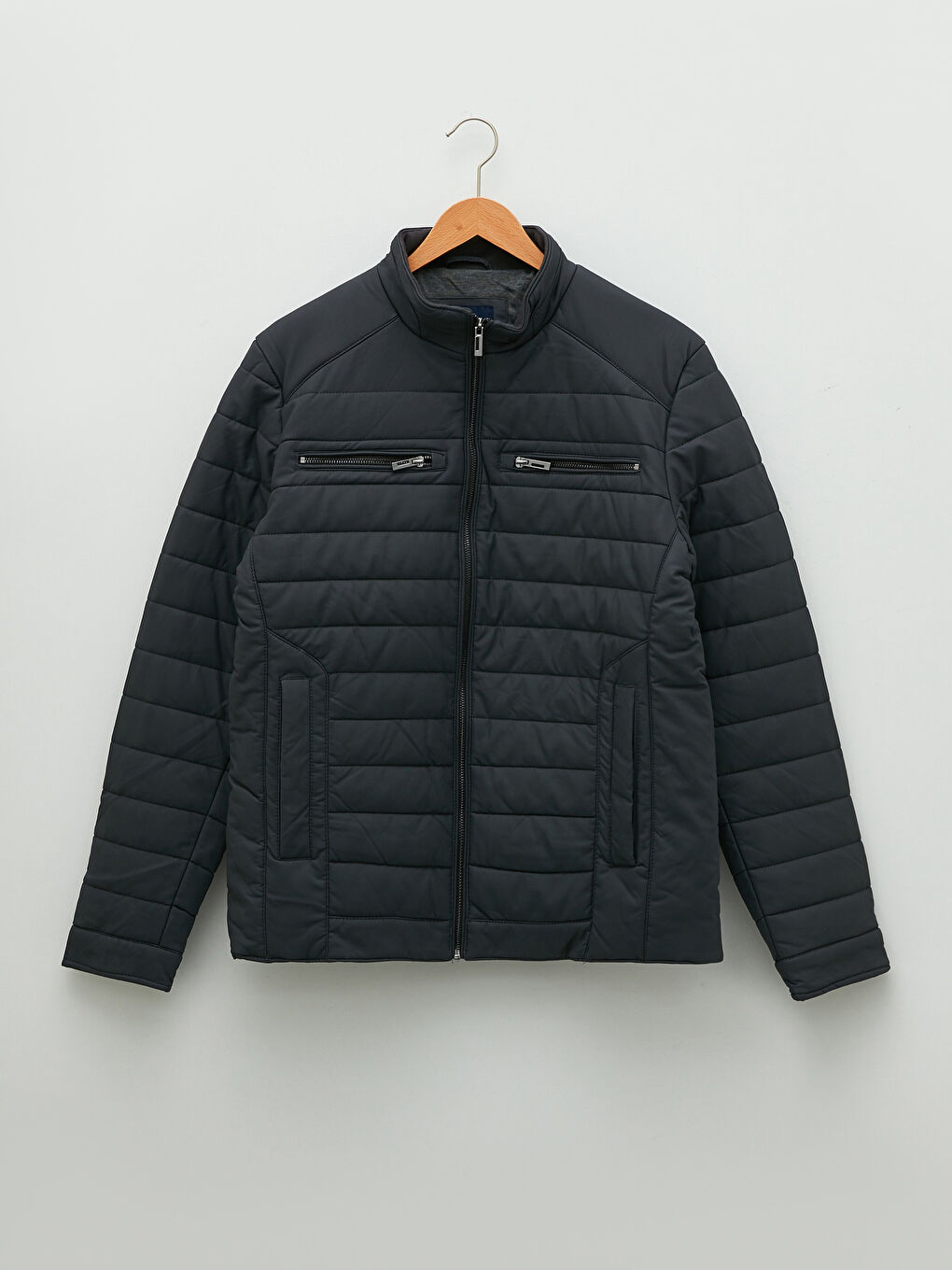 Antrasit Standart Kalıp Dik Yaka Erkek Deri Görünümlü Mont-5