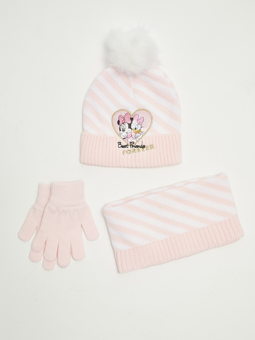 Set fular, căciulă și mănuși tricotate pentru fete imprimat Minnie Mouse
