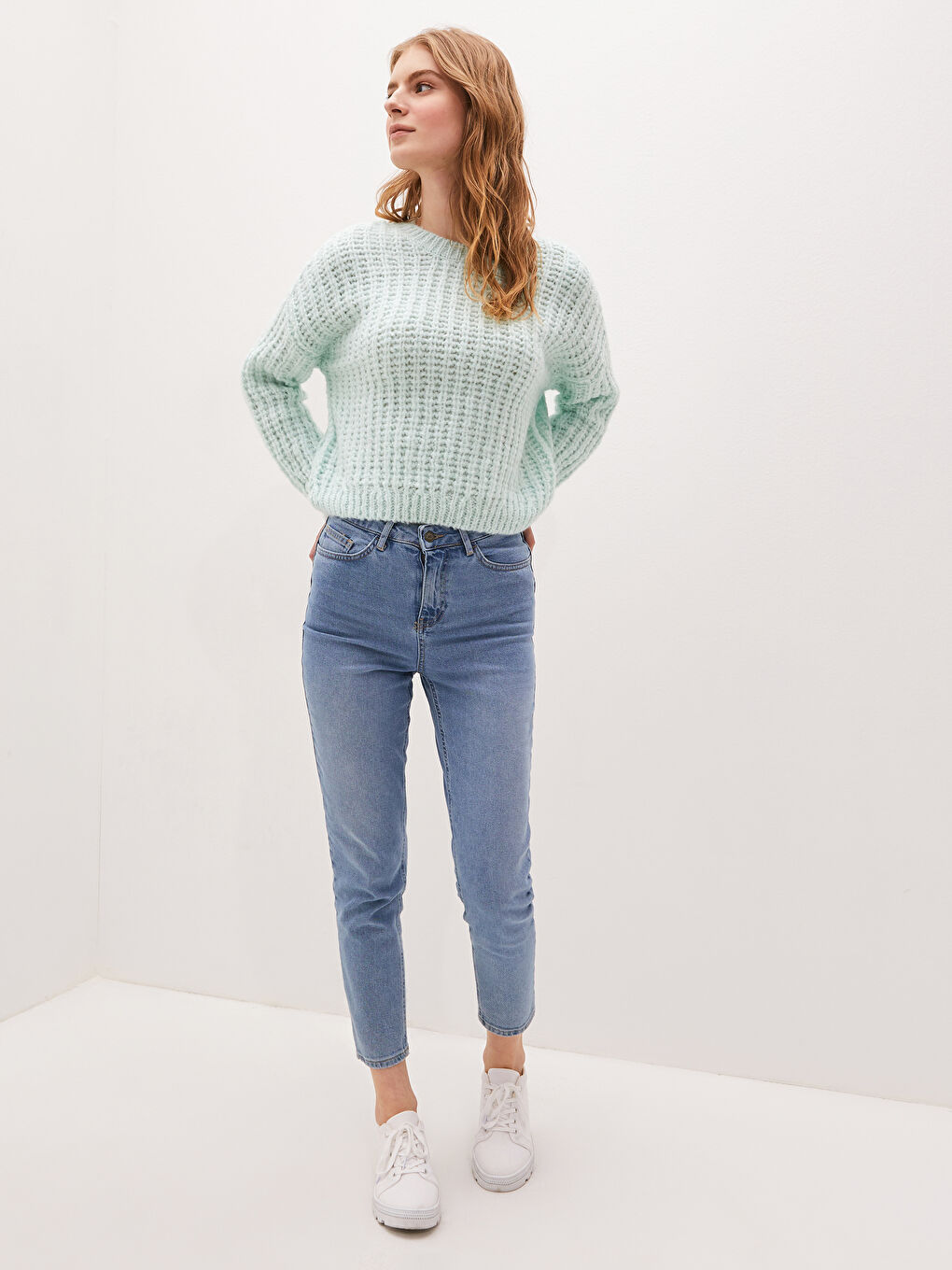 سترة تريكو كم طويل واسعة بياقة دائرية منقوشة للسيدات-1