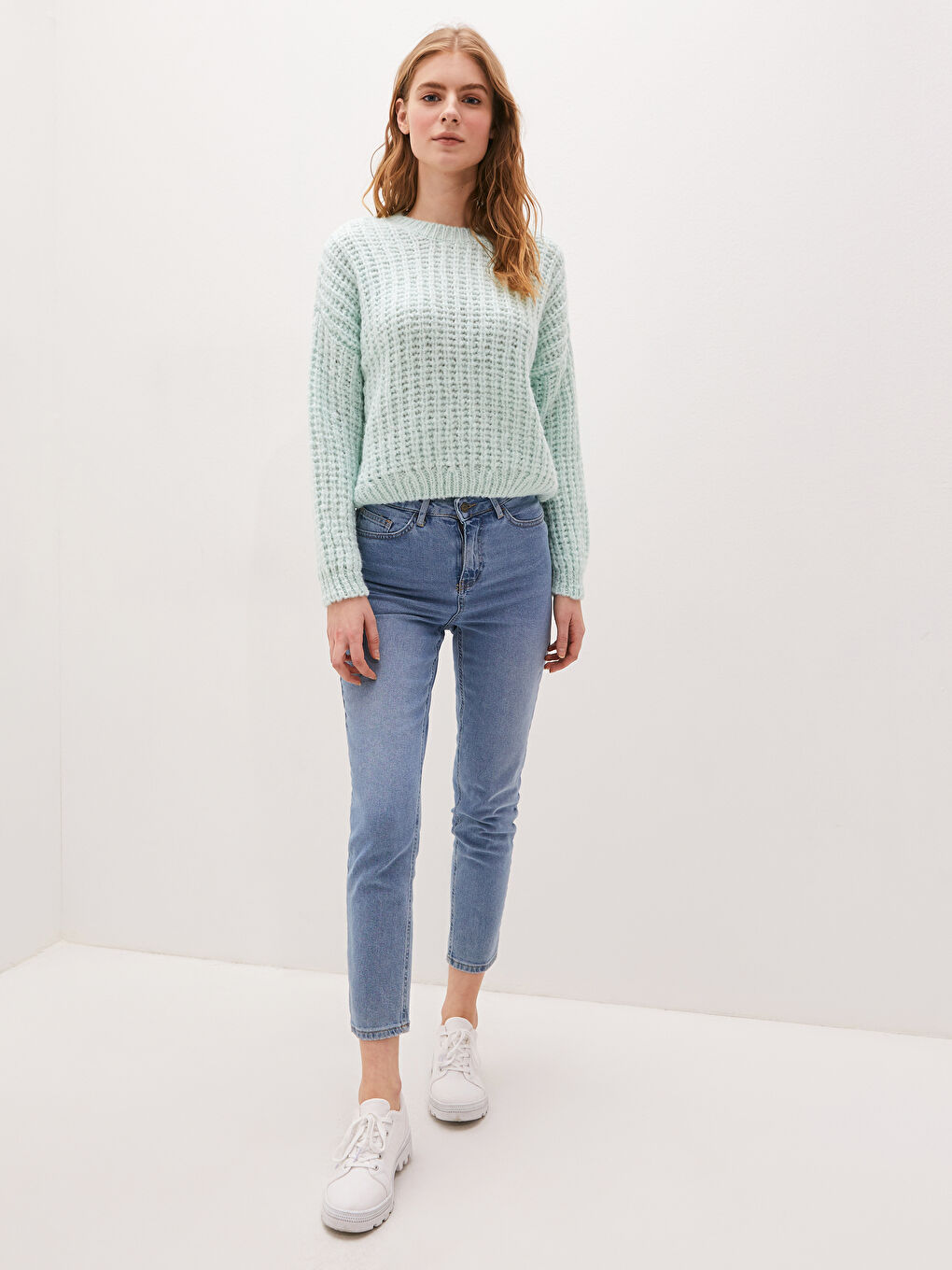 سترة تريكو كم طويل واسعة بياقة دائرية منقوشة للسيدات-2