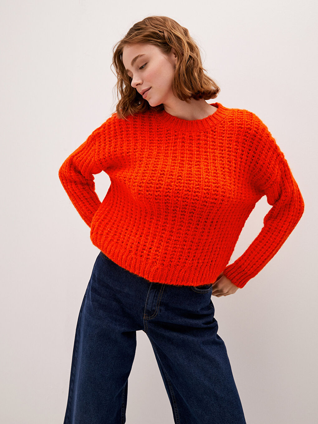 Crew Neck Self Patterned Long Sleeve Oversize Women's Knitwear Sweater