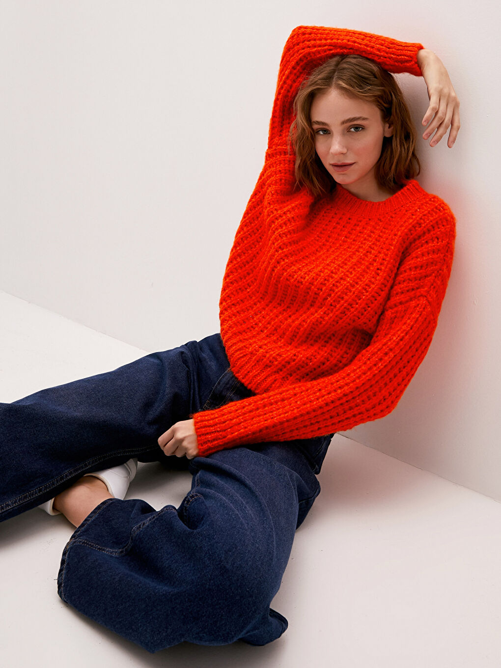 Crew Neck Self Patterned Long Sleeve Oversize Women's Knitwear Sweater-1