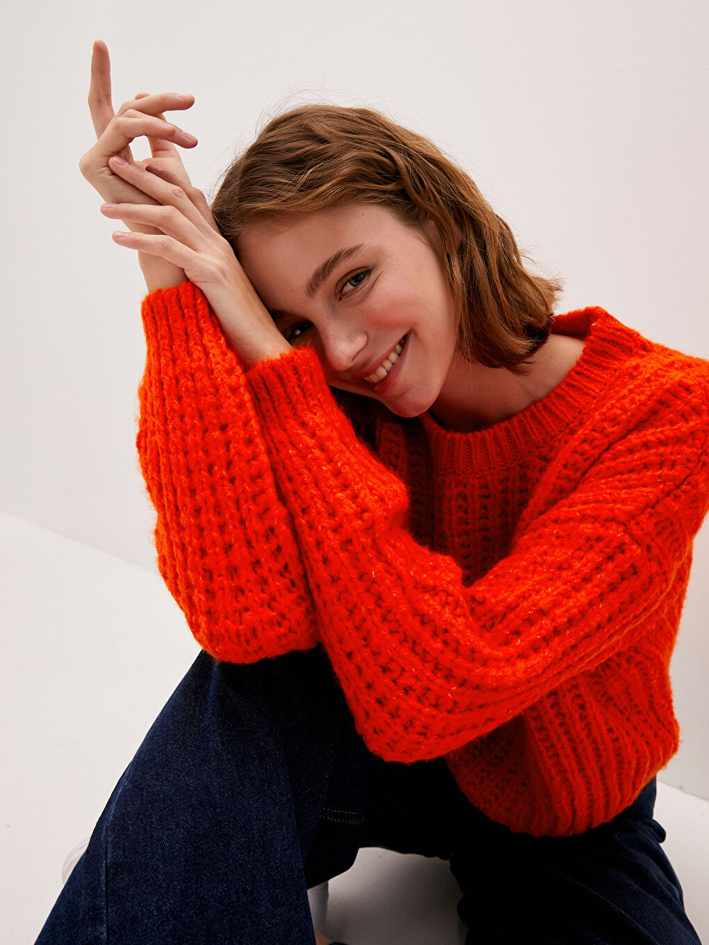 Crew Neck Self Patterned Long Sleeve Oversize Women's Knitwear Sweater-2