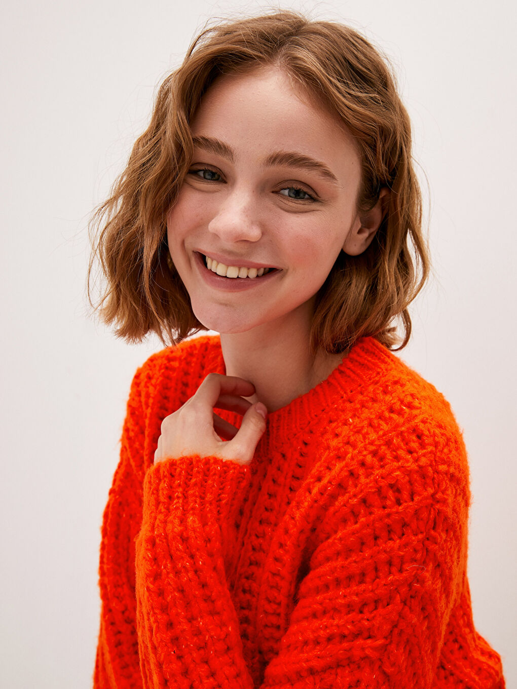 Crew Neck Self Patterned Long Sleeve Oversize Women's Knitwear Sweater-3