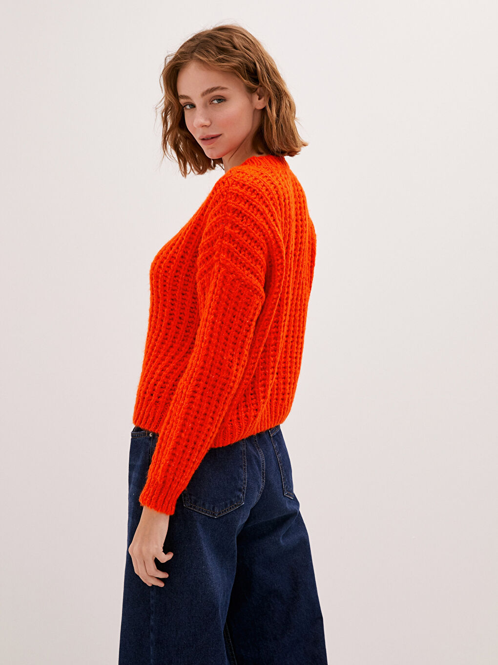 Crew Neck Self Patterned Long Sleeve Oversize Women's Knitwear Sweater-4