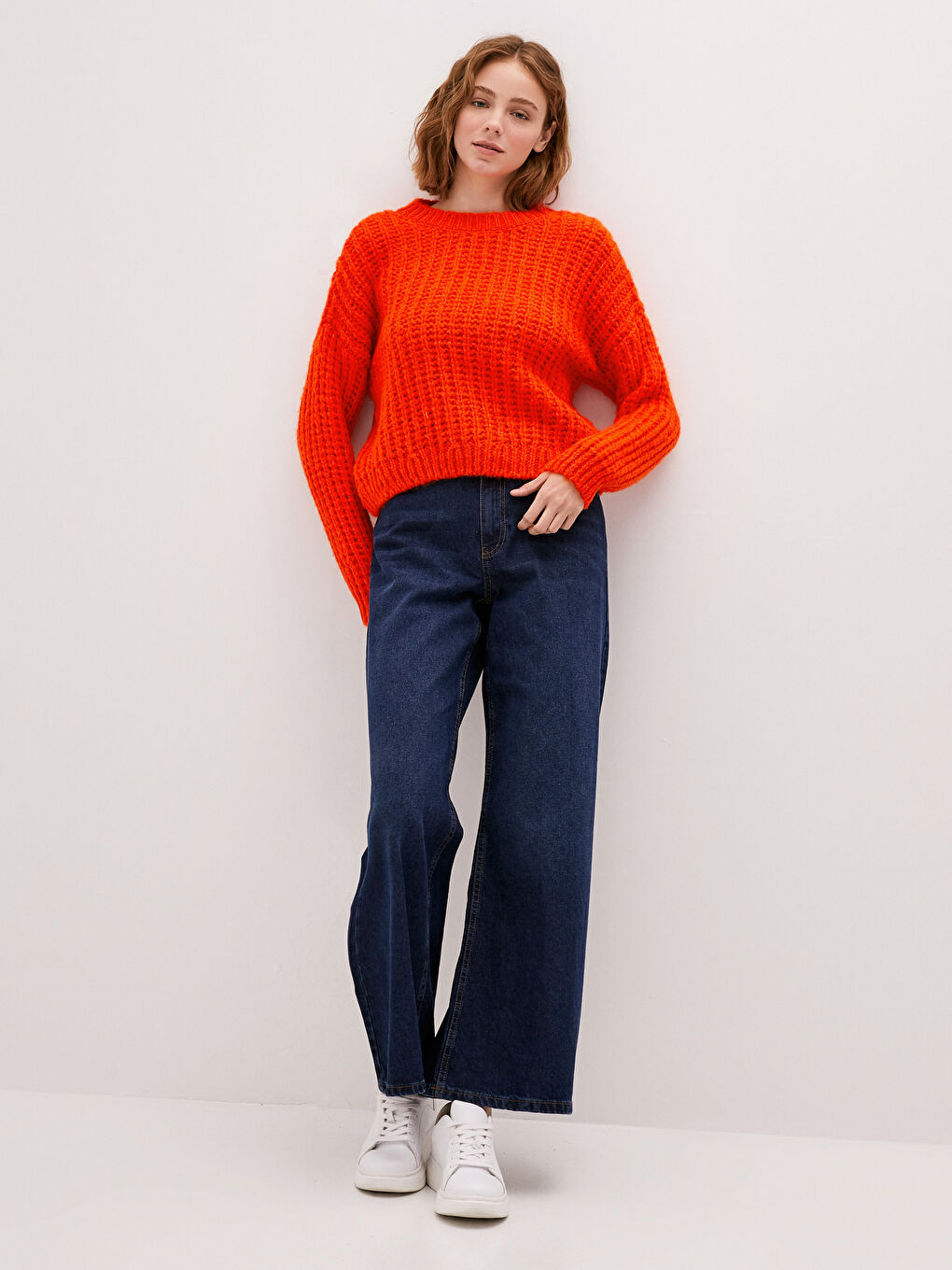 Crew Neck Self Patterned Long Sleeve Oversize Women's Knitwear Sweater-5