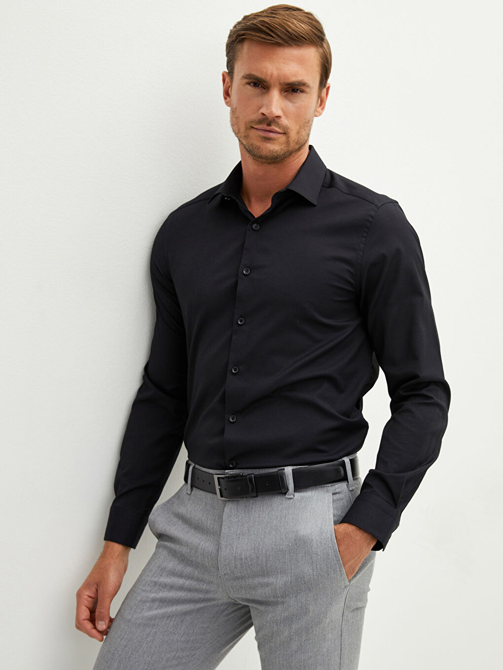 قميص أوكسفورد كم طويل رفيع للرجال-2