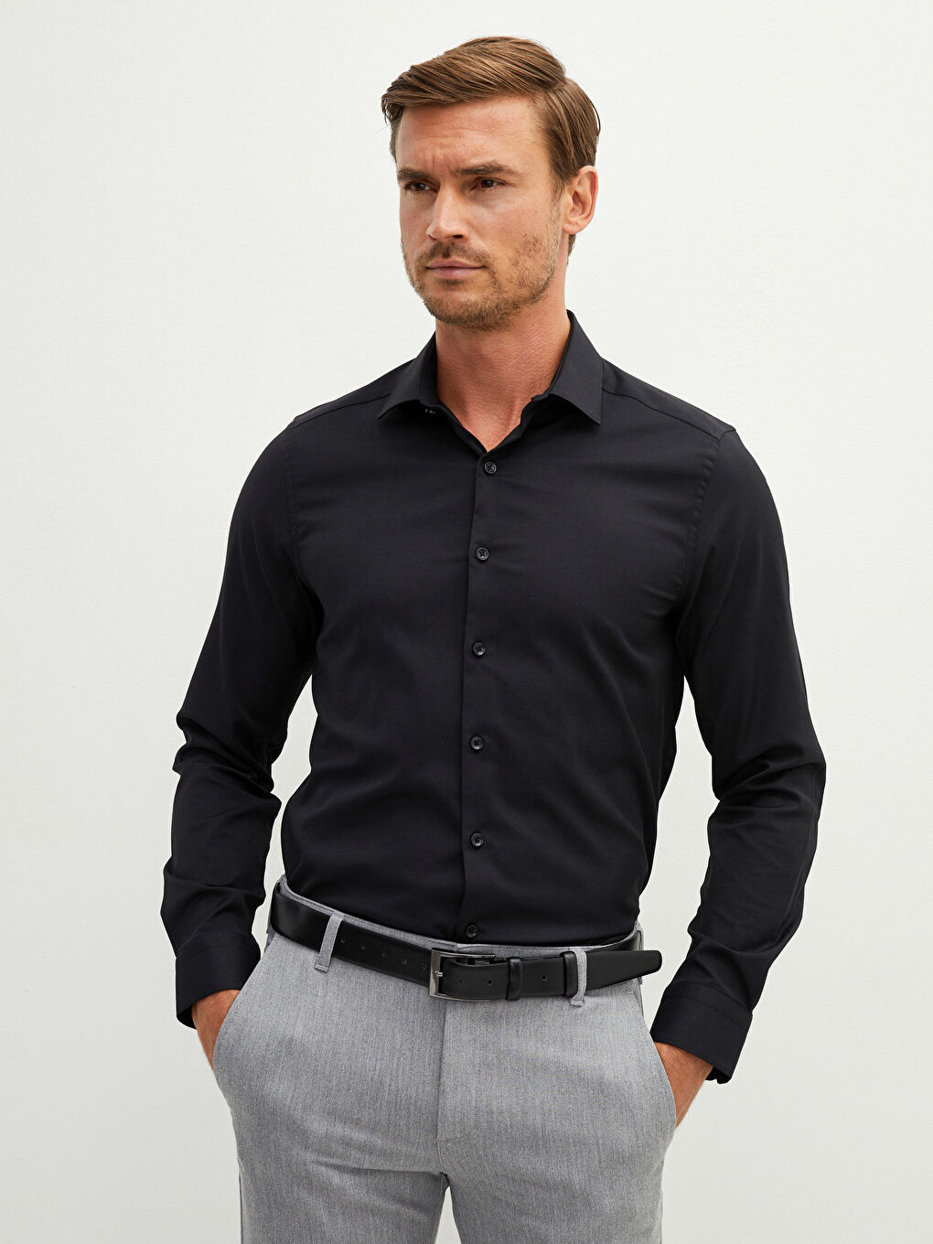 قميص أوكسفورد كم طويل رفيع للرجال-3