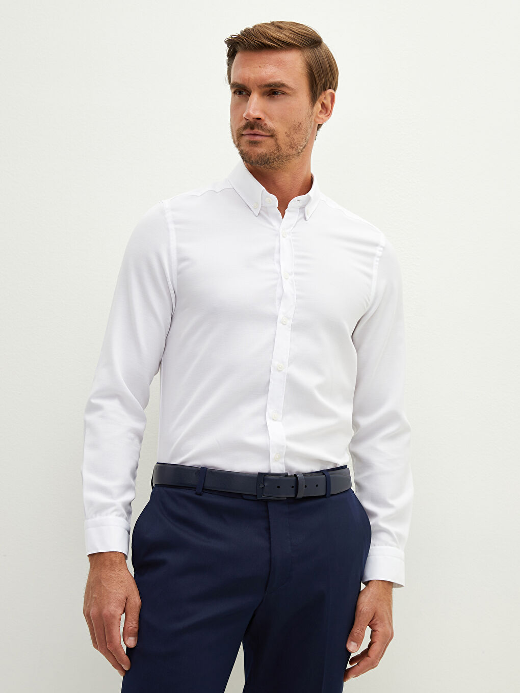 Beyaz Slim Fit Uzun Kollu Oxford Erkek Gömlek-4