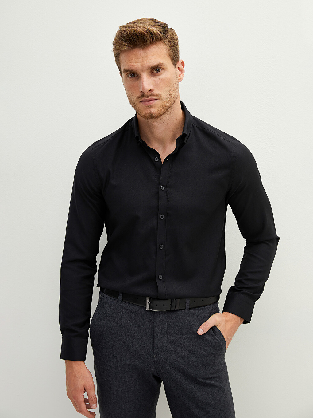 Siyah Slim Fit Uzun Kollu Oxford Erkek Gömlek