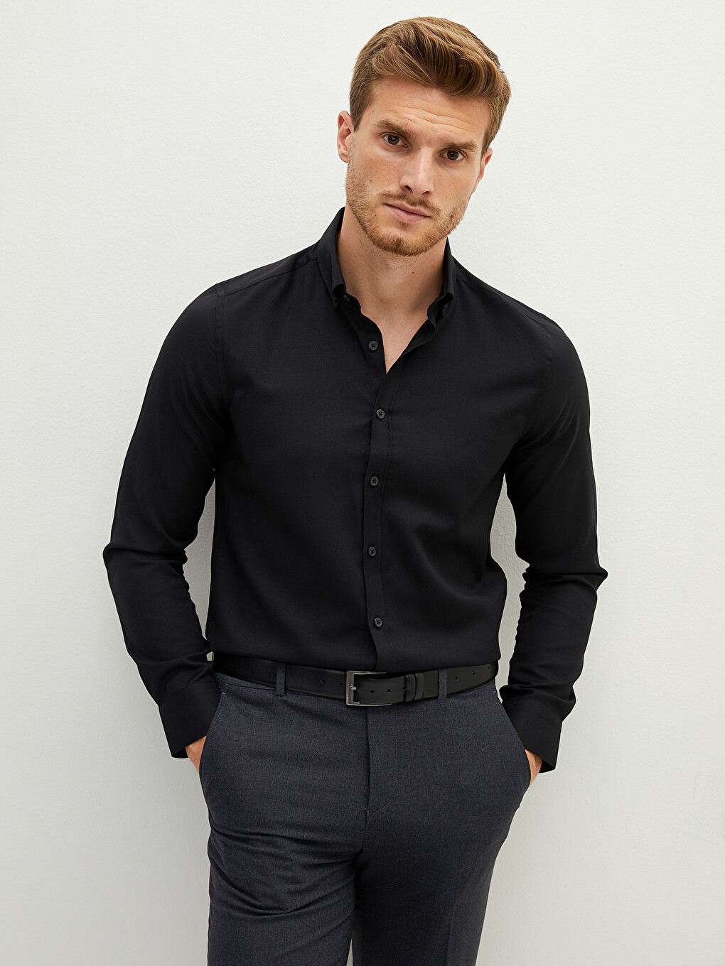 Siyah Slim Fit Uzun Kollu Oxford Erkek Gömlek-1