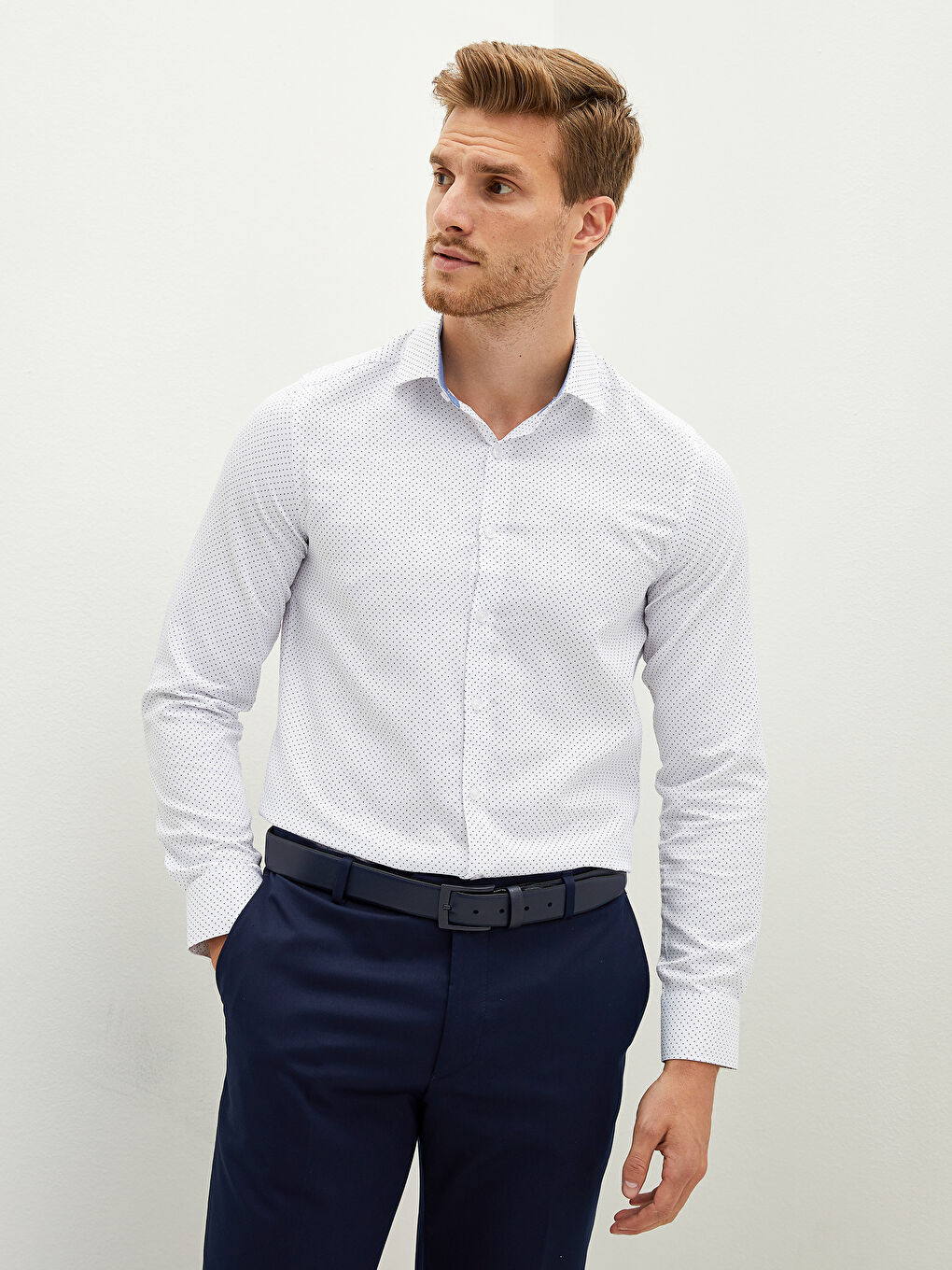 Beyaz Slim Fit Uzun Kollu Armürlü Erkek Gömlek-2