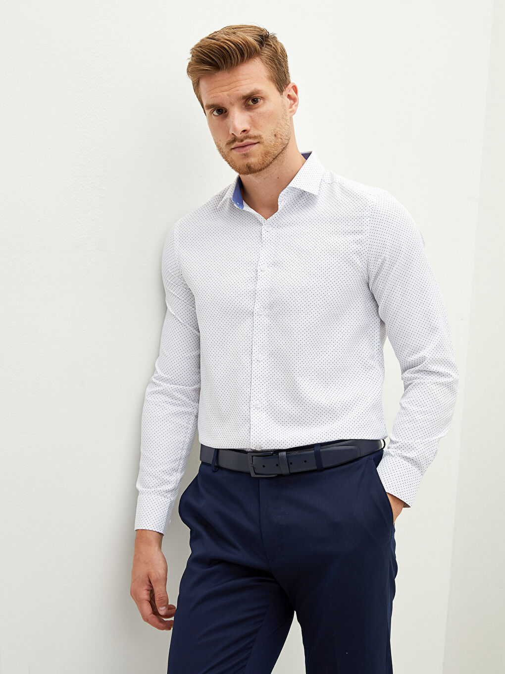 Beyaz Slim Fit Uzun Kollu Armürlü Erkek Gömlek