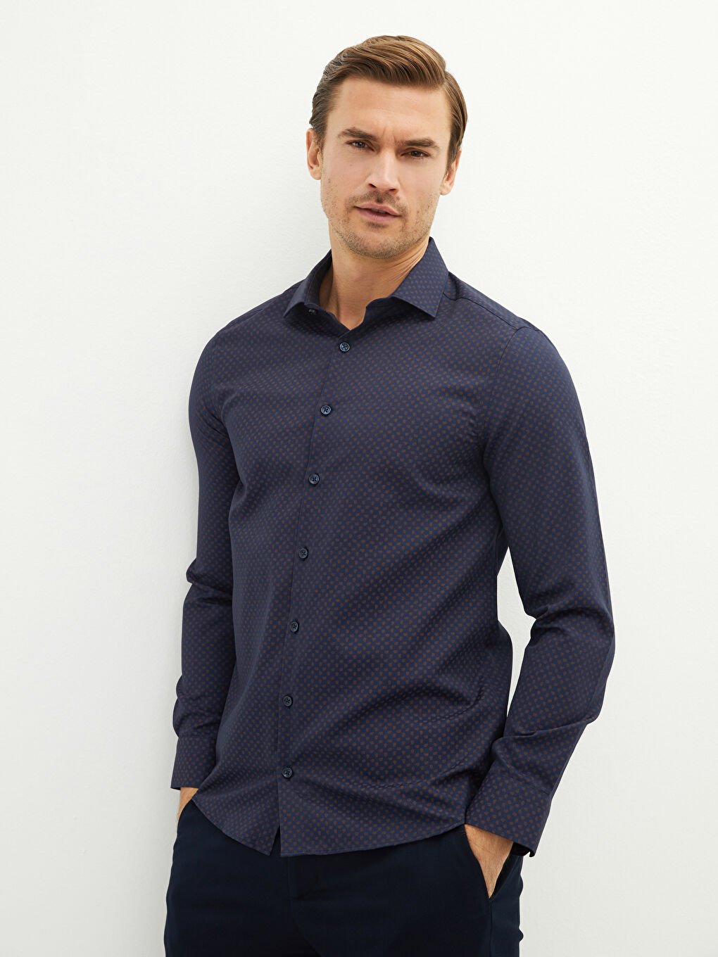 Slim Fit Long Sleeve Patterned Twill Men's Shirt