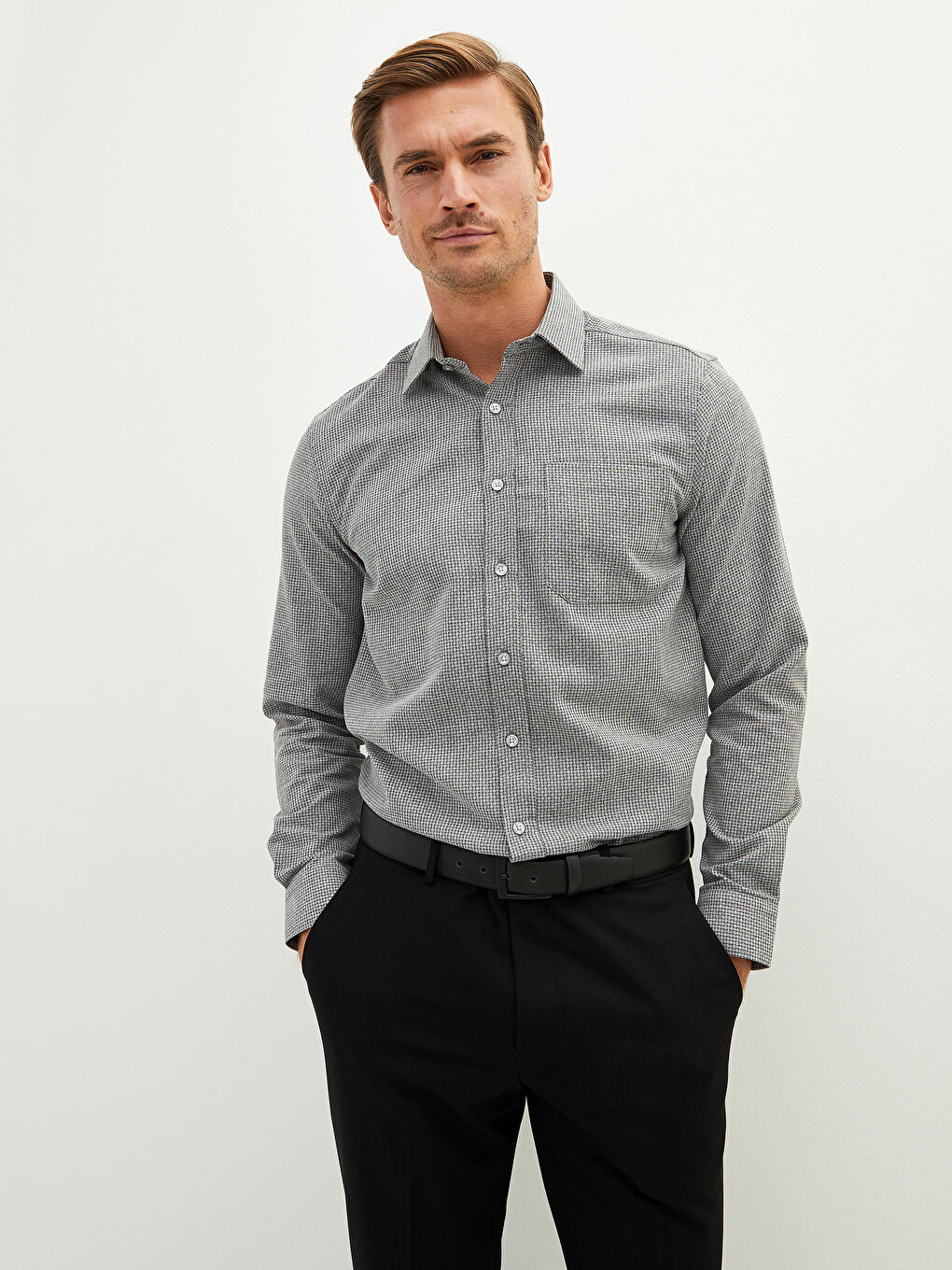 Gri Regular Fit Uzun Kollu Desenli Armürlü Erkek Gömlek-1