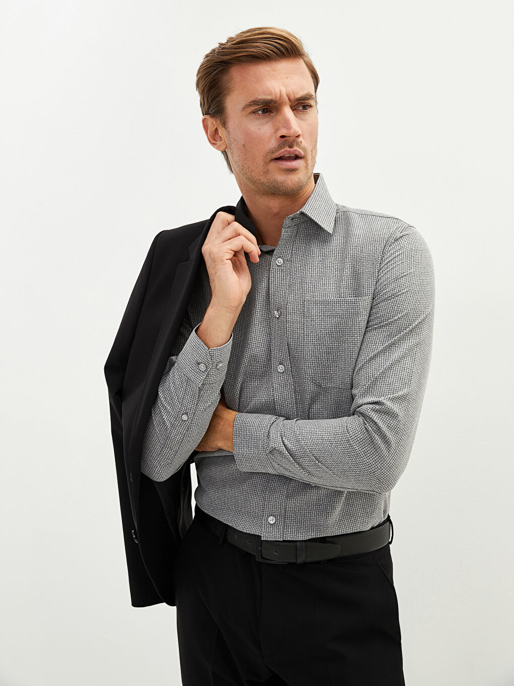 Gri Regular Fit Uzun Kollu Desenli Armürlü Erkek Gömlek-2