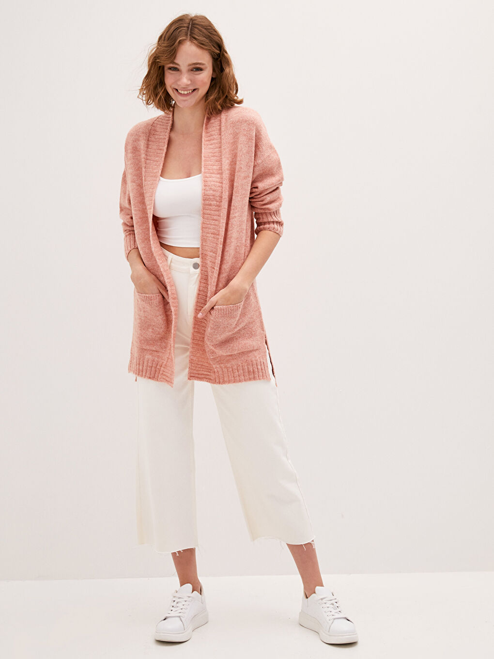 Mercan Cep Detaylı Düz Uzun Kollu Kadın Triko Hırka-3