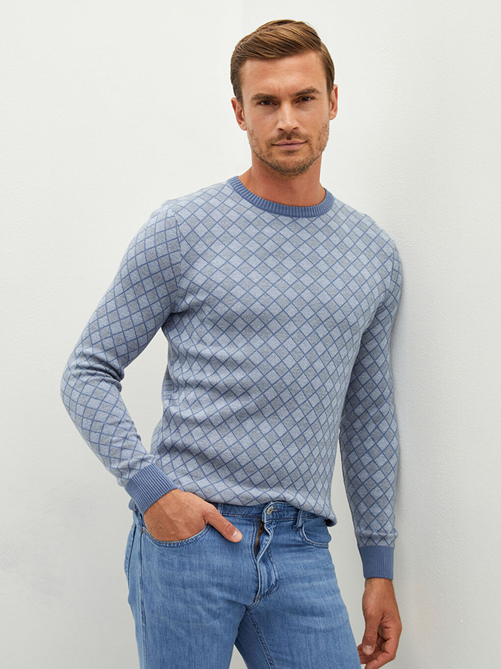 İndigo Bisiklet Yaka Uzun Kollu Desenli Erkek Triko Kazak-4