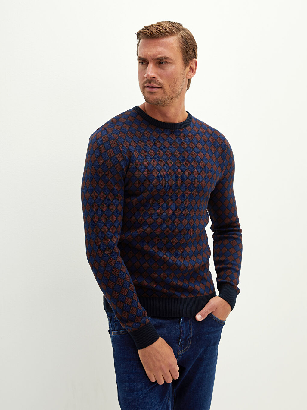 Turuncu Bisiklet Yaka Uzun Kollu Desenli Erkek Triko Kazak-2