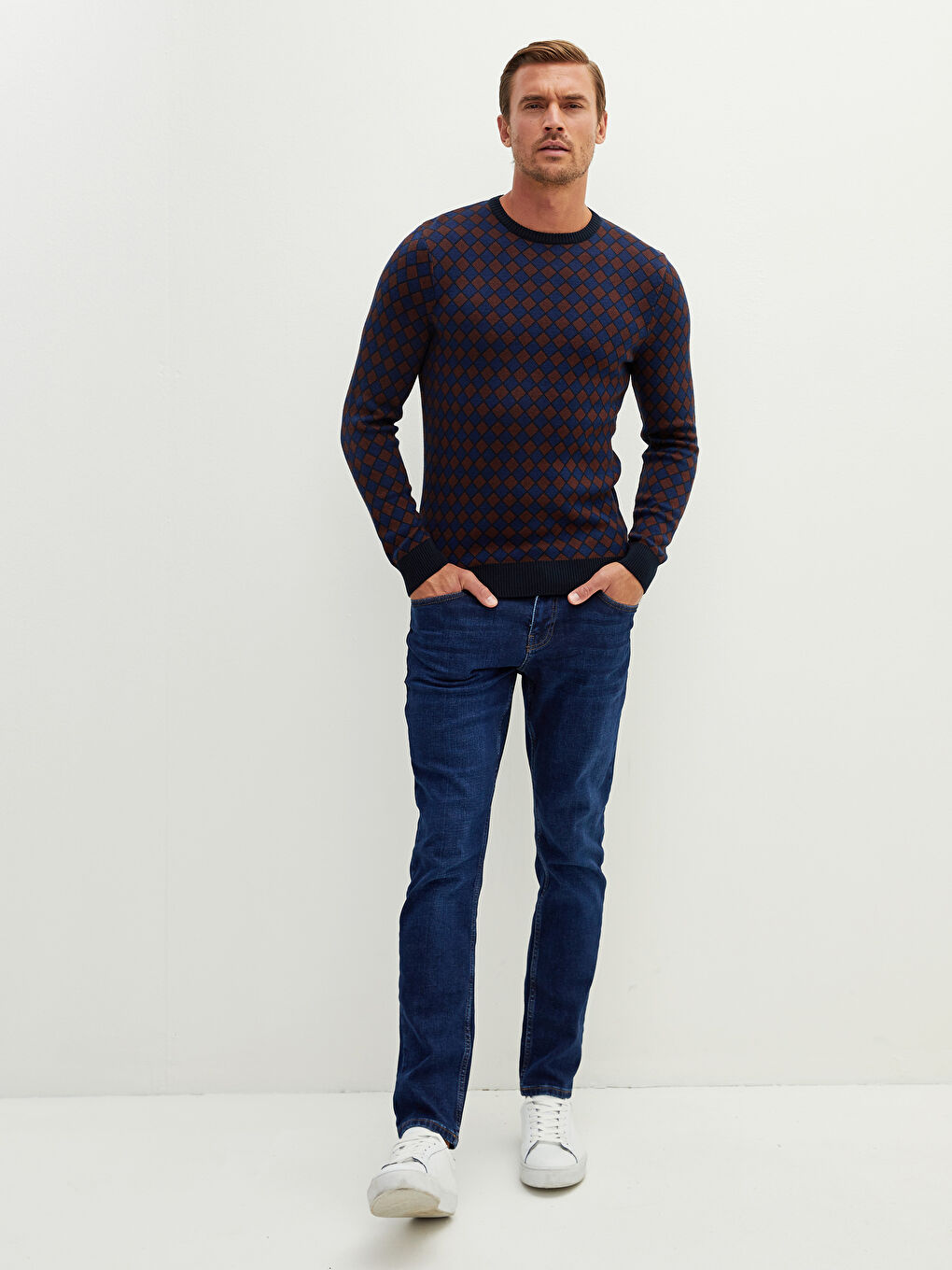 Turuncu Bisiklet Yaka Uzun Kollu Desenli Erkek Triko Kazak-3