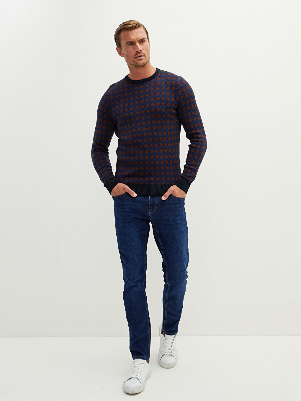 Turuncu Bisiklet Yaka Uzun Kollu Desenli Erkek Triko Kazak-4