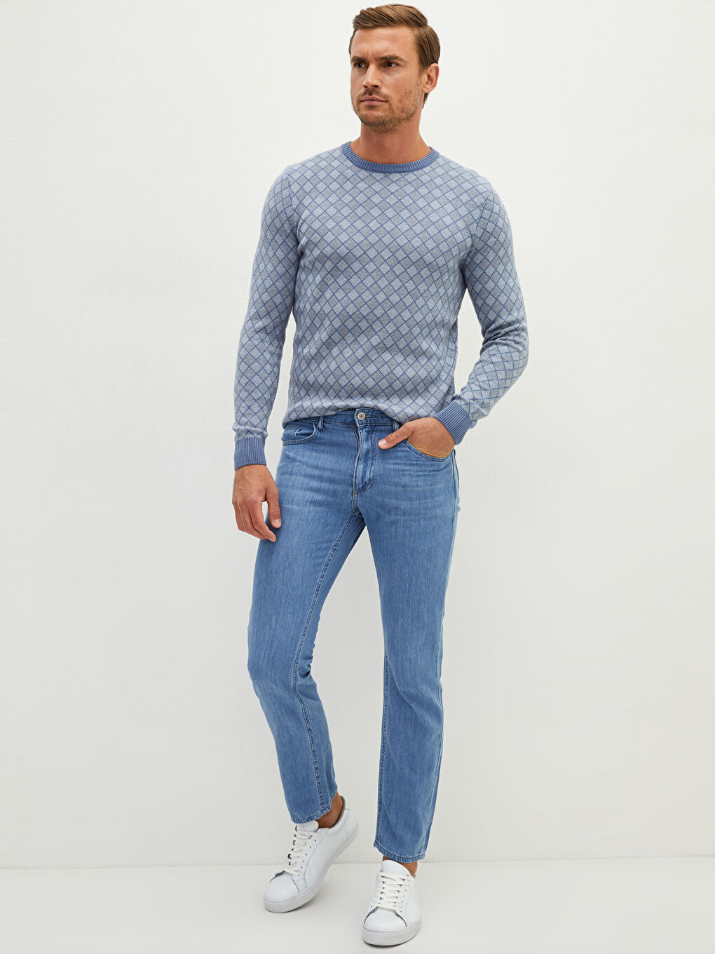 İndigo Bisiklet Yaka Uzun Kollu Desenli Erkek Triko Kazak-1