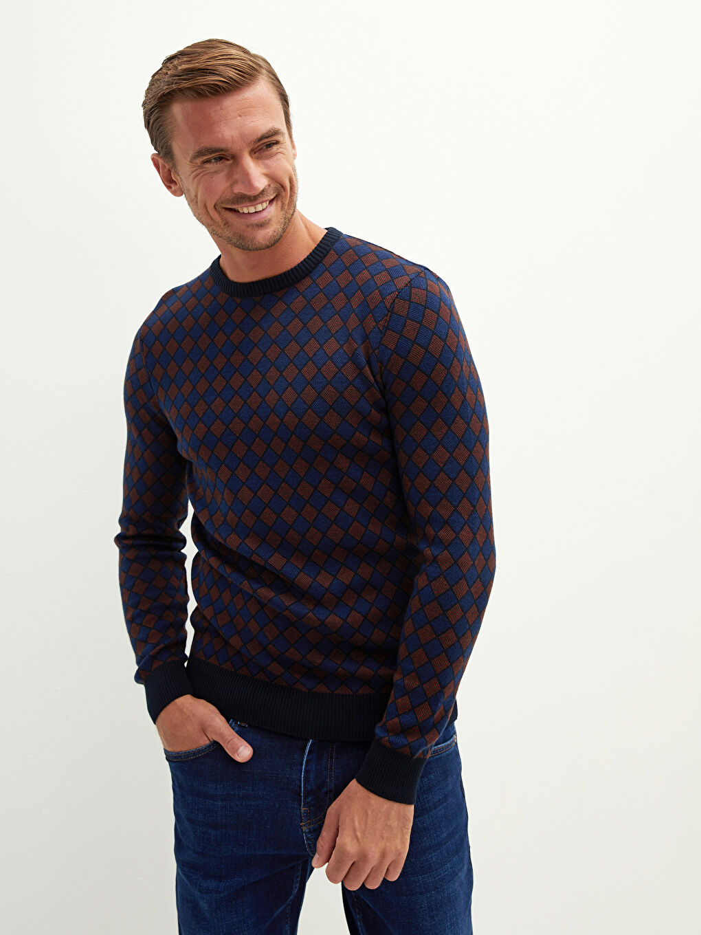 Turuncu Bisiklet Yaka Uzun Kollu Desenli Erkek Triko Kazak-1