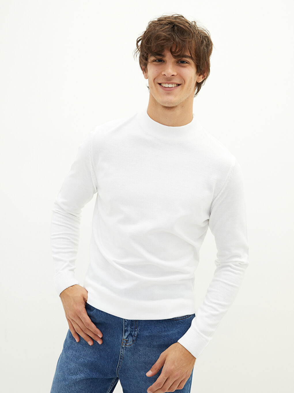 Ekru Yarım Balıkçı Yaka Uzun Kollu Erkek Triko Kazak