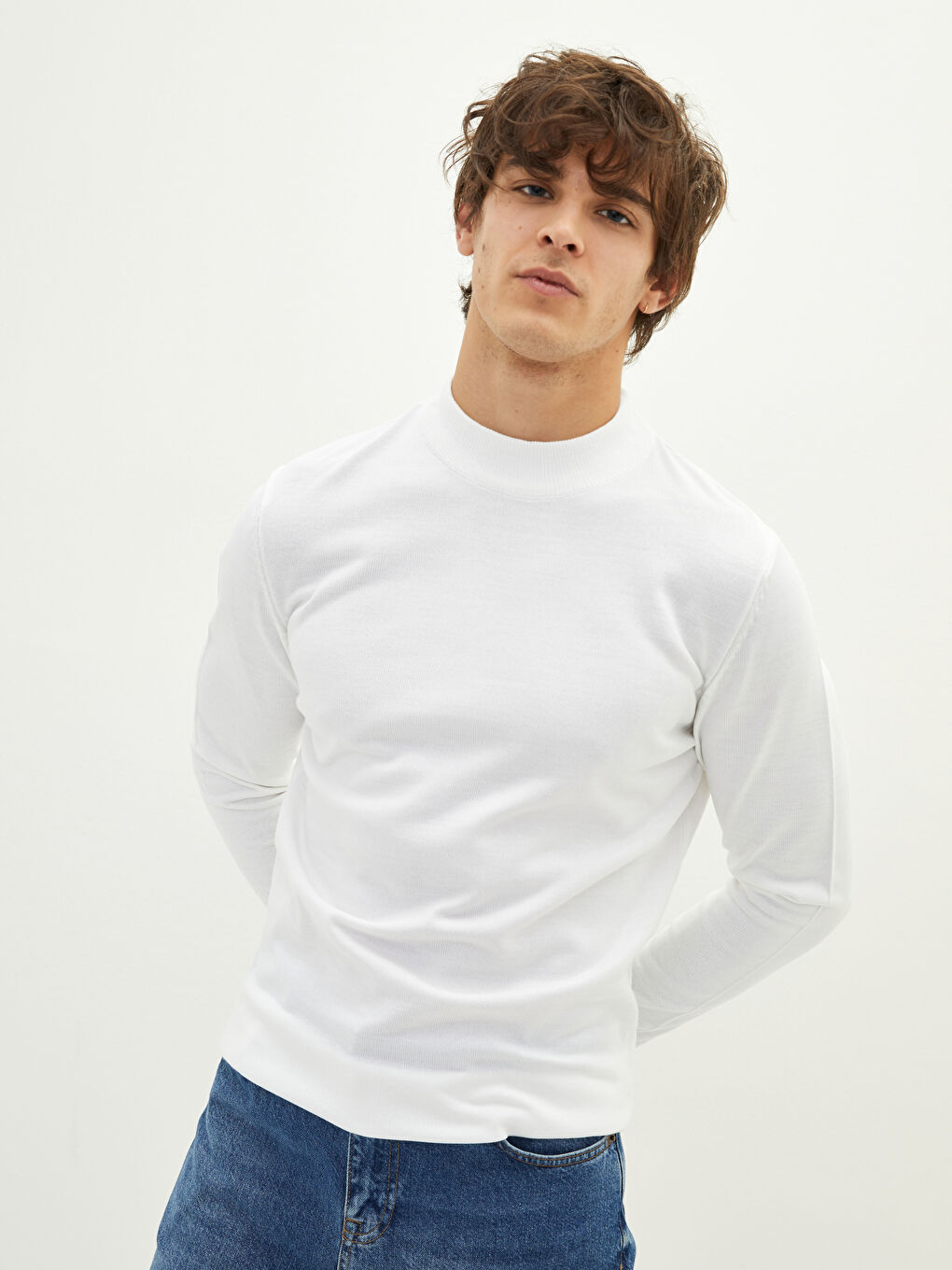 Ekru Yarım Balıkçı Yaka Uzun Kollu Erkek Triko Kazak-1