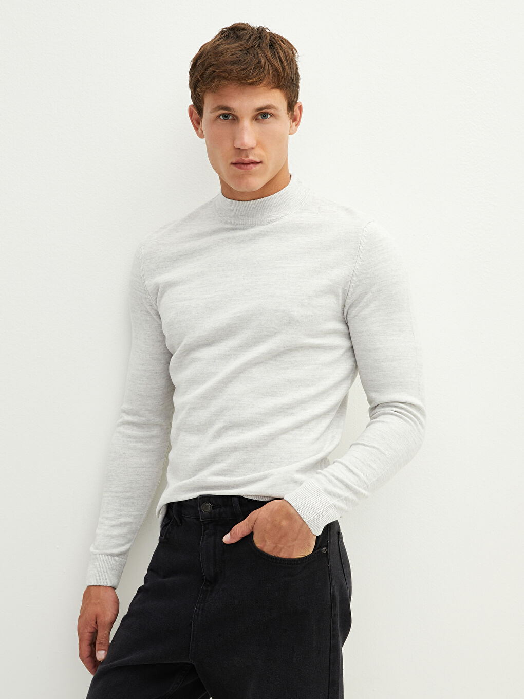 Gri Yarım Balıkçı Yaka Uzun Kollu Erkek Triko Kazak-5