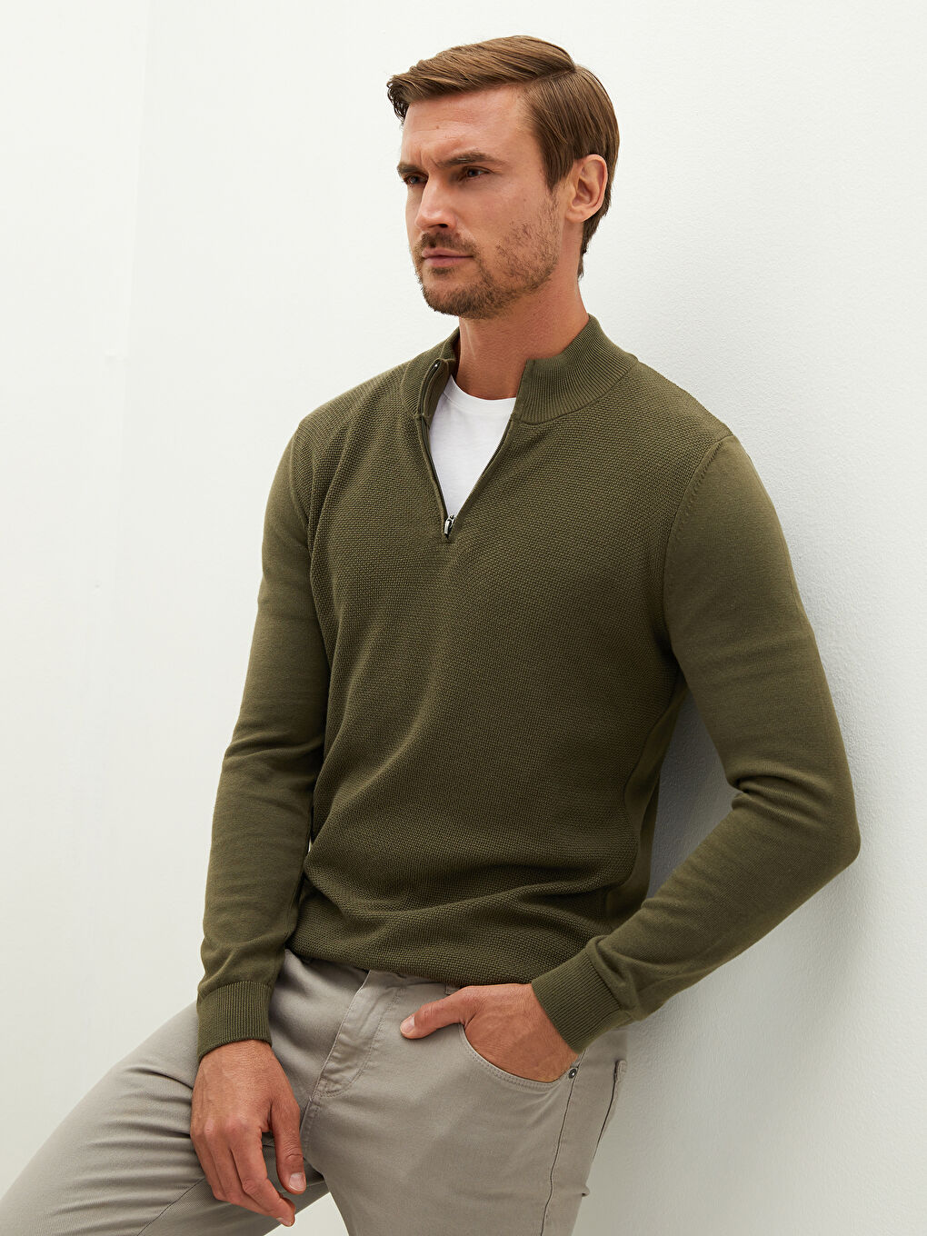 SOUTHBLUE Zippered Turtle Neck Long Sleeve Men's Tricot Sweater -W11735Z8-HCZ