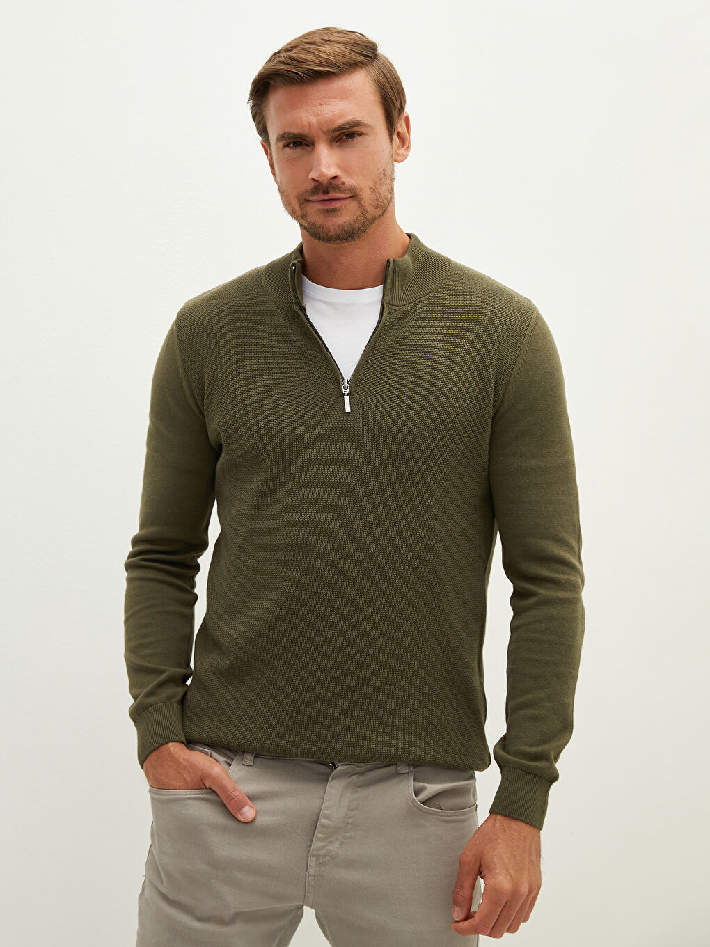 SOUTHBLUE Zippered Turtle Neck Long Sleeve Men's Tricot Sweater -W11735Z8-HCZ