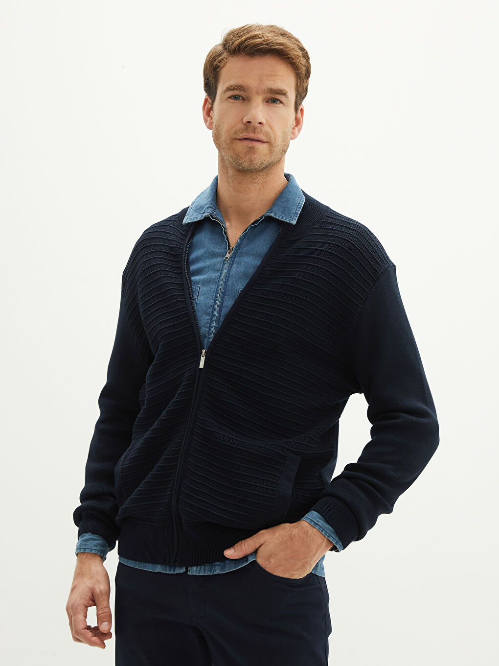 Standard Fit Turtle Neck Long Sleeve Men's Tricot Cardigan