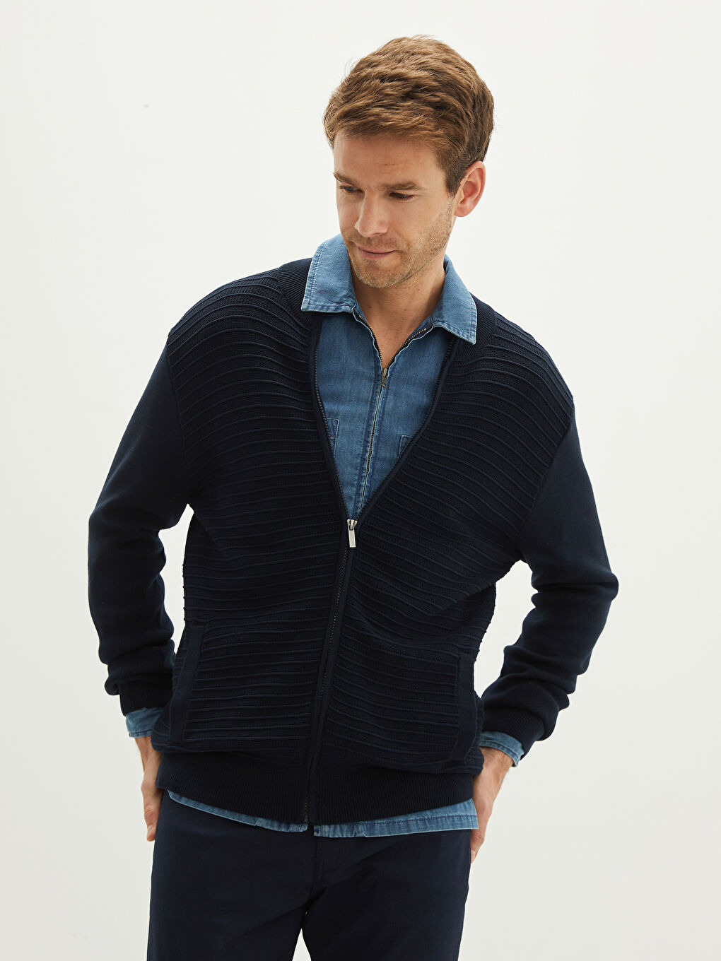 Standard Fit Turtle Neck Long Sleeve Men's Tricot Cardigan-1