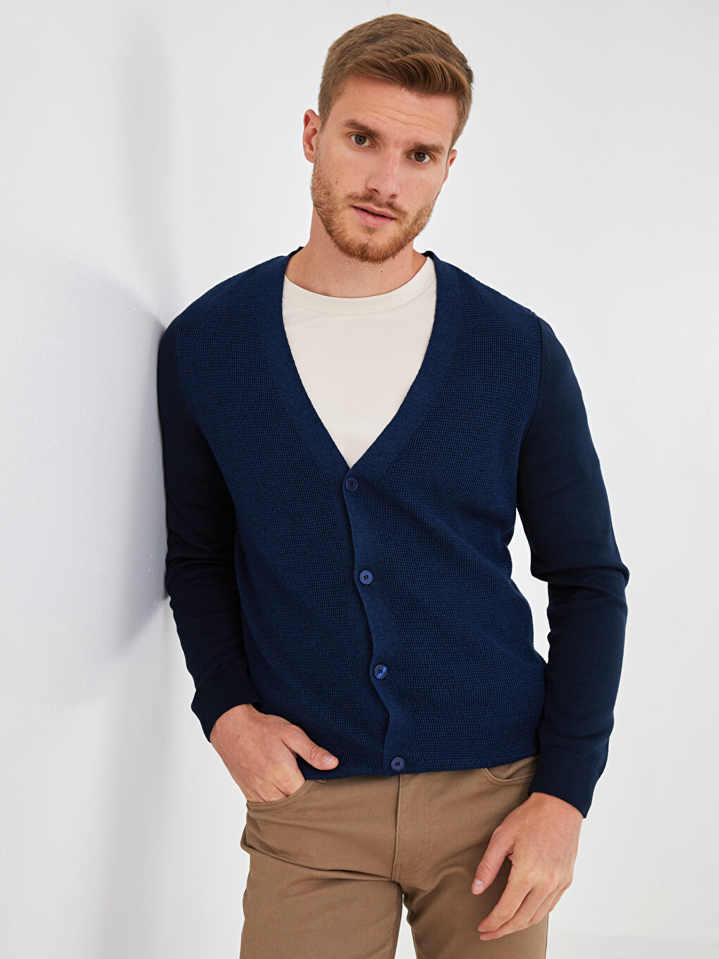 V-Ausschnitt Langarm Schlicht Herren Strickjacke Cardigan-1