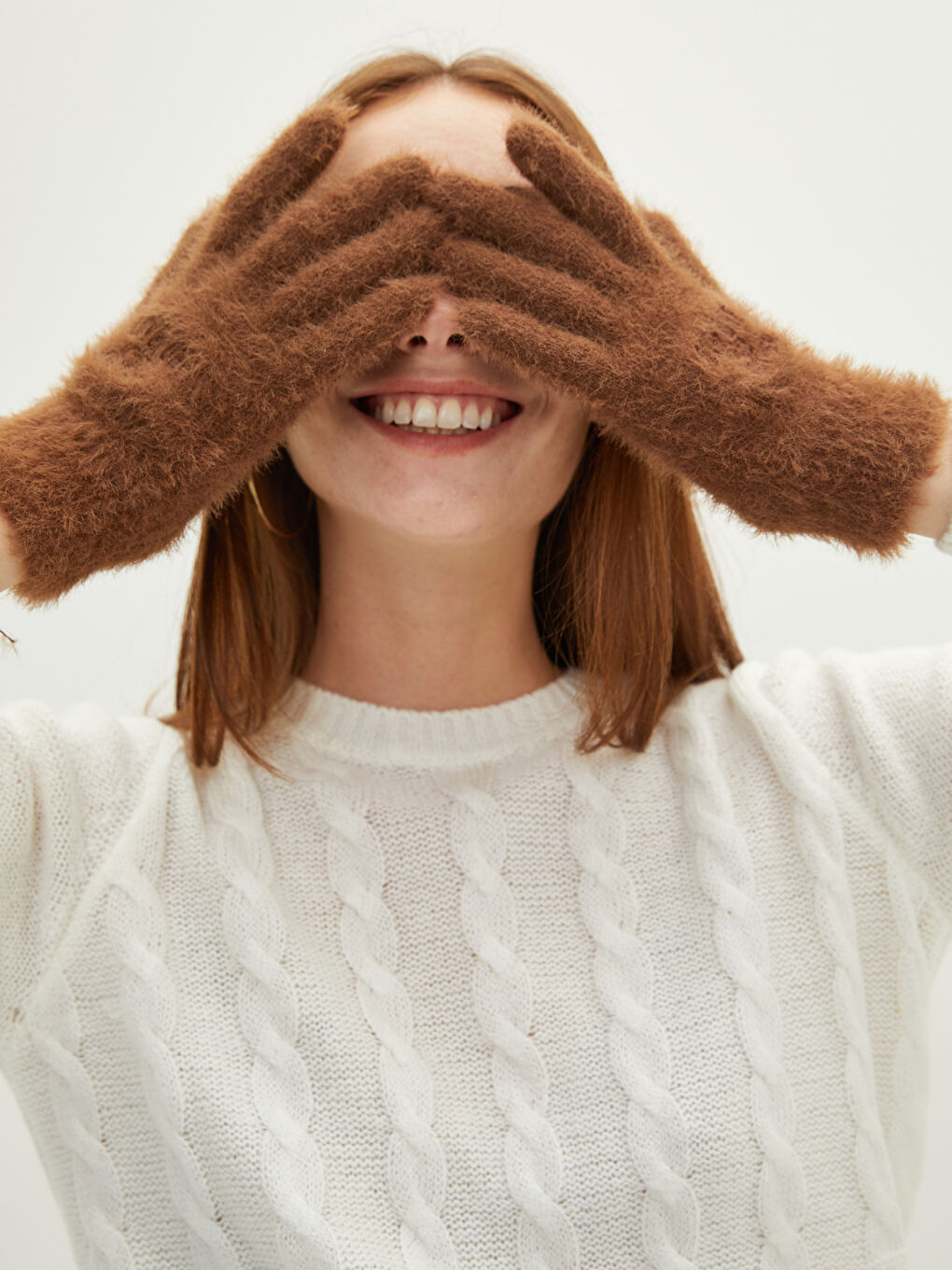 Kahverengi Kadın Nakışlı Triko Eldiven-1
