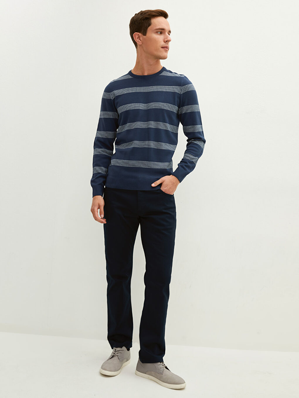 Crew Neck Long Sleeve Striped Men's Knitwear Sweater-1
