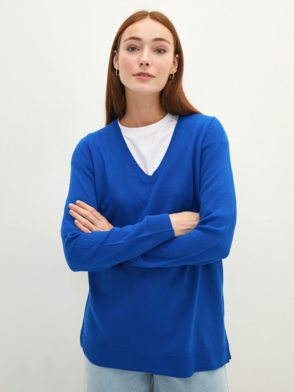 Mavi V Yaka Düz Uzun Kollu Kadın Triko Kazak