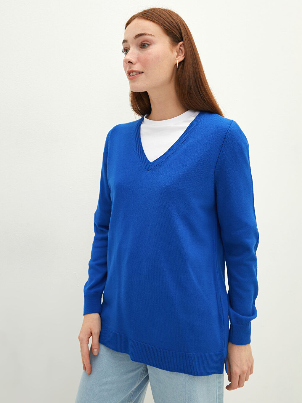 Mavi V Yaka Düz Uzun Kollu Kadın Triko Kazak-1