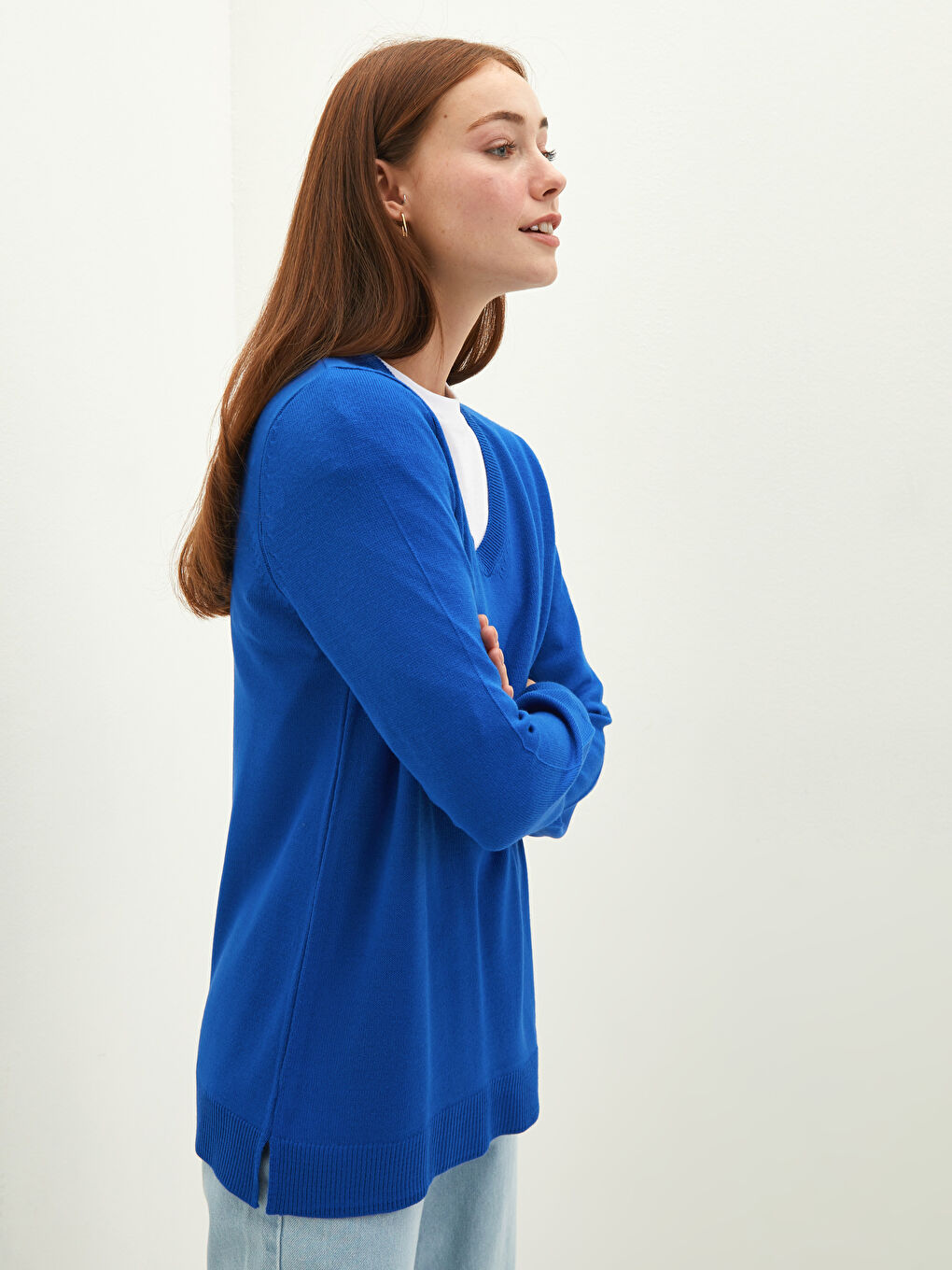 Mavi V Yaka Düz Uzun Kollu Kadın Triko Kazak-2