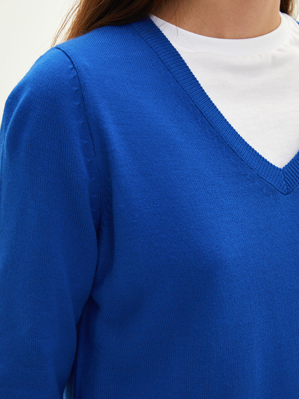 Mavi V Yaka Düz Uzun Kollu Kadın Triko Kazak-3