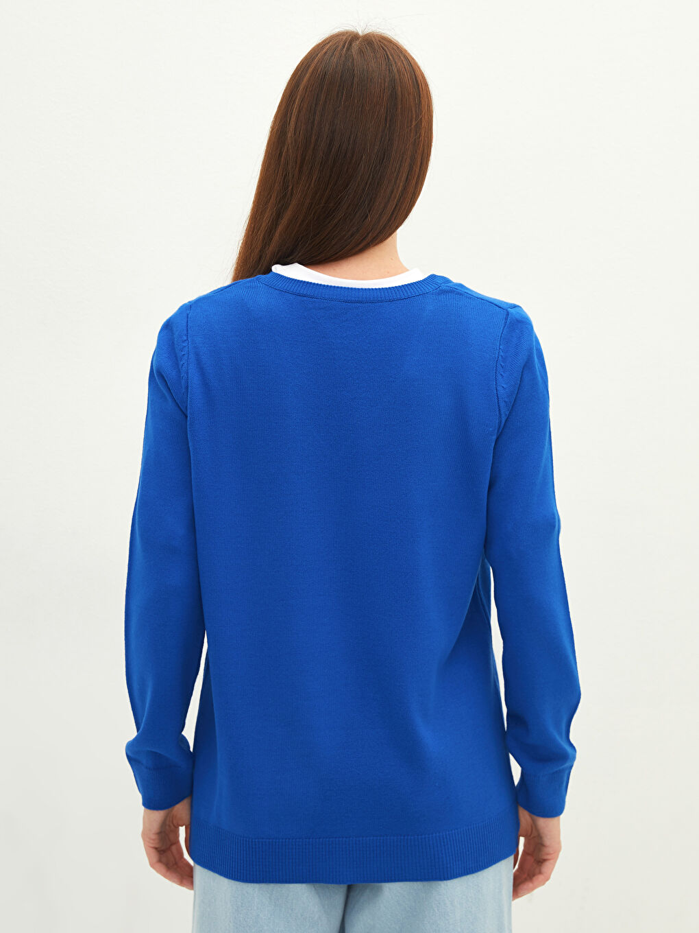 Mavi V Yaka Düz Uzun Kollu Kadın Triko Kazak-4