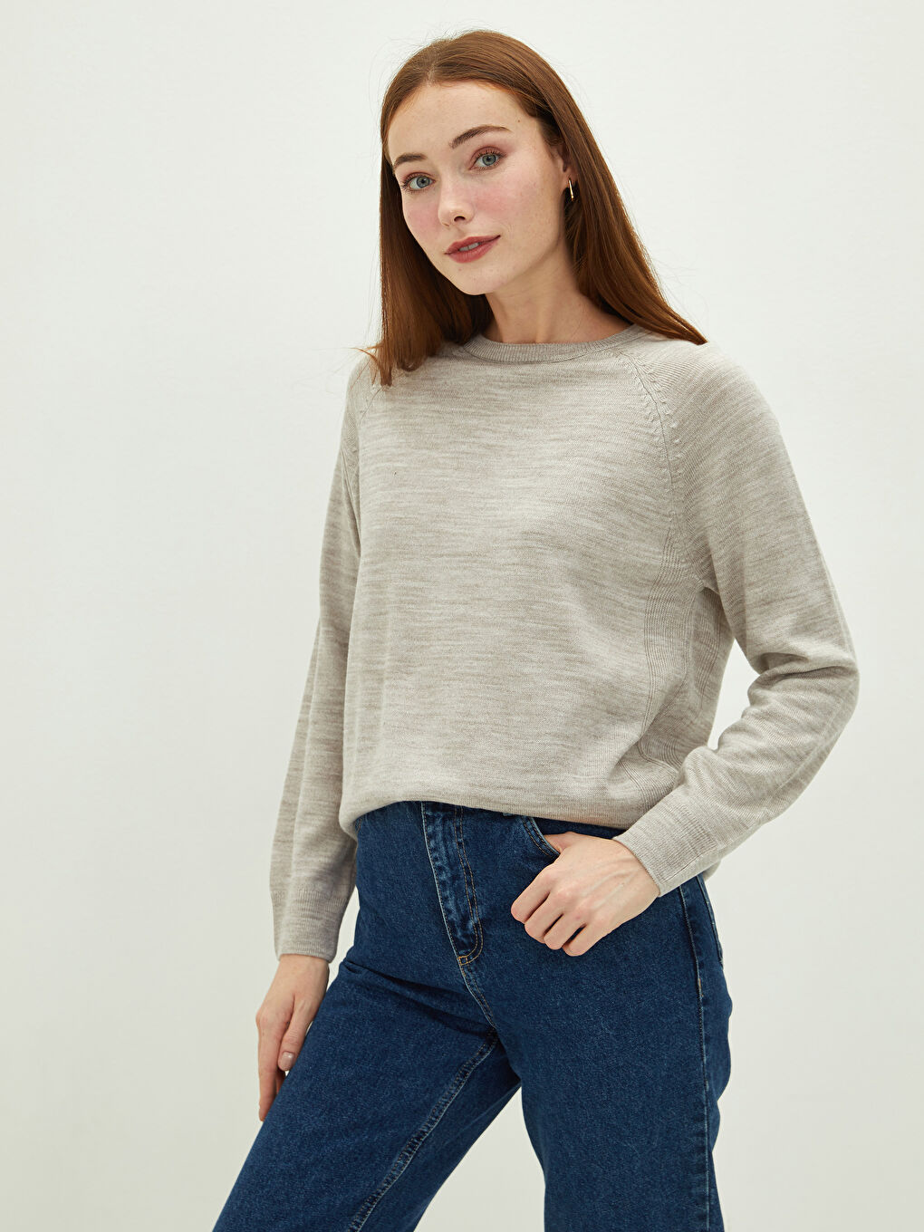 Bej Bisiklet Yaka Düz Uzun Kollu Kadın Triko Kazak