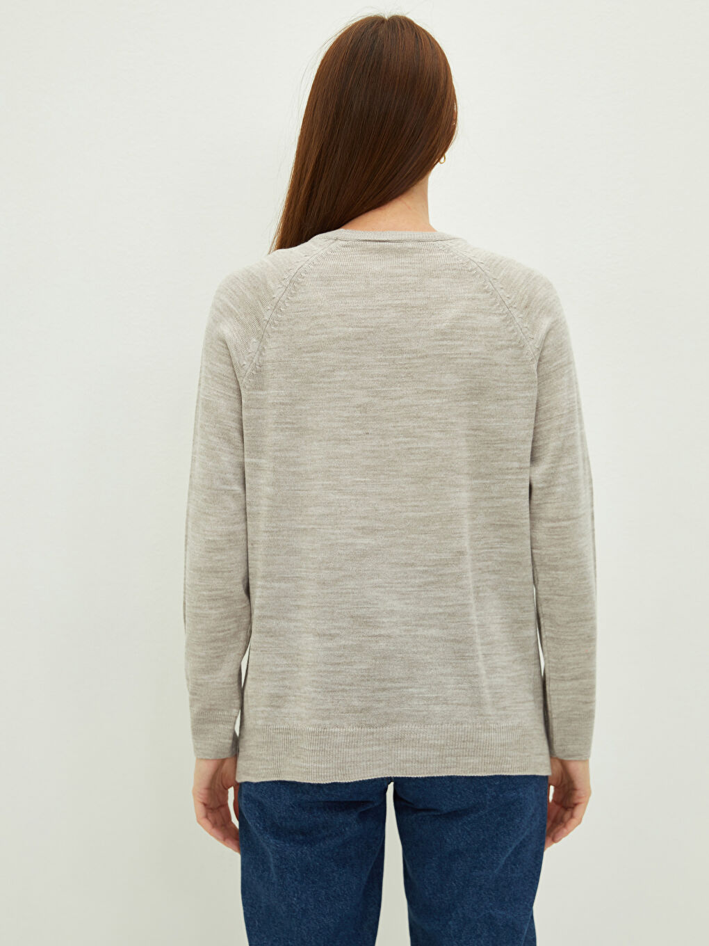 Bej Bisiklet Yaka Düz Uzun Kollu Kadın Triko Kazak-3